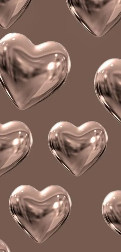 Glossy 3D hearts on a brown background mobile wallpaper.