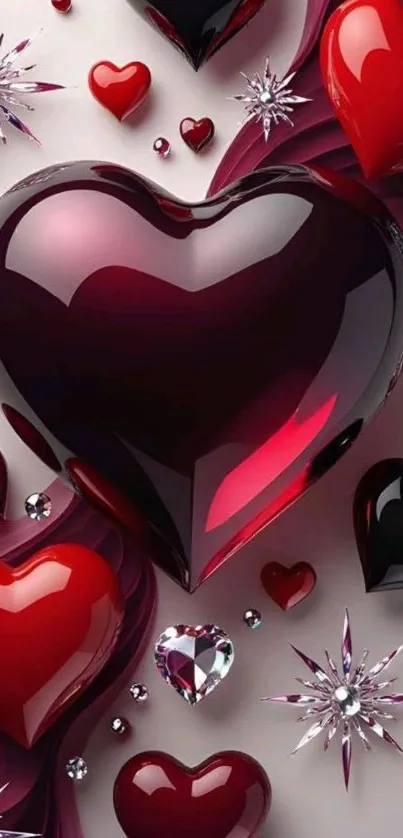 Glossy hearts with vibrant red and black tones creating a romantic design.