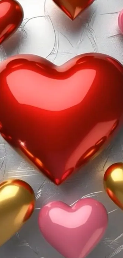 Glossy red heart with surrounding colorful hearts.