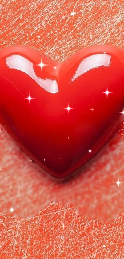 Glossy red heart with sparkles on textured background.