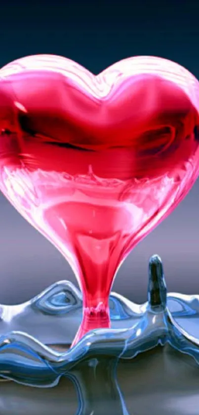 Red glossy heart with water ripple effect on mobile wallpaper.