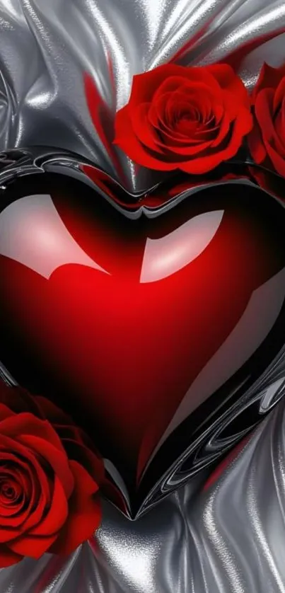 Glossy heart with red roses on silk background.