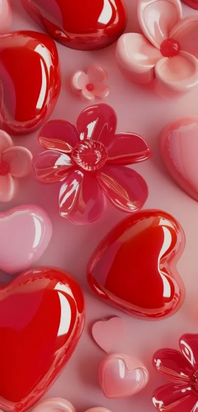 Glossy red hearts and pink flowers wallpaper.