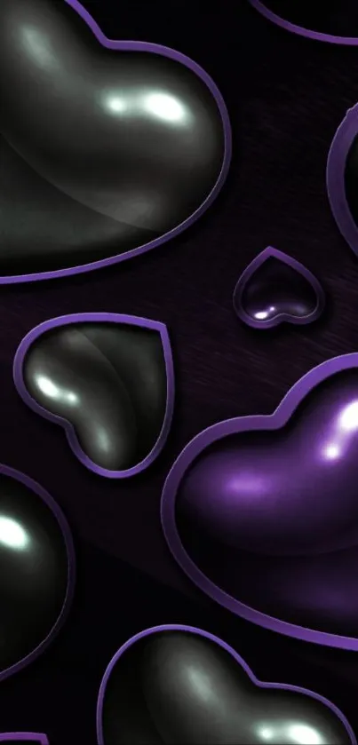 Glossy black and purple hearts wallpaper for mobile.