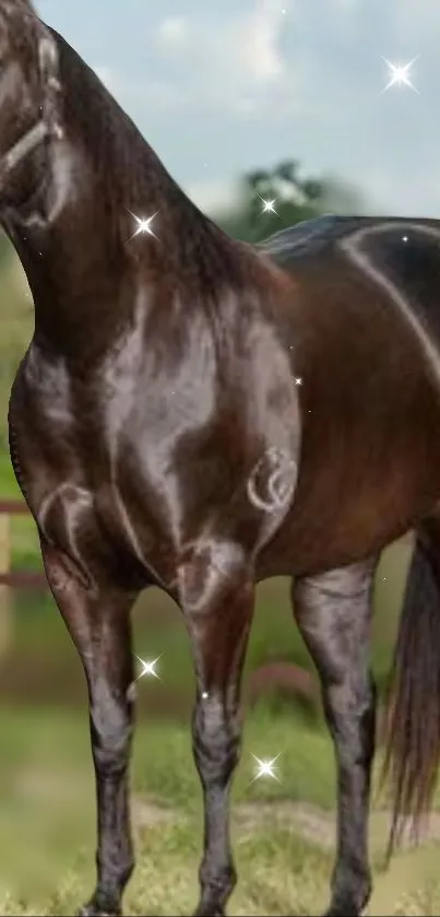 Glossy black horse with sparkling stars in a nature setting.