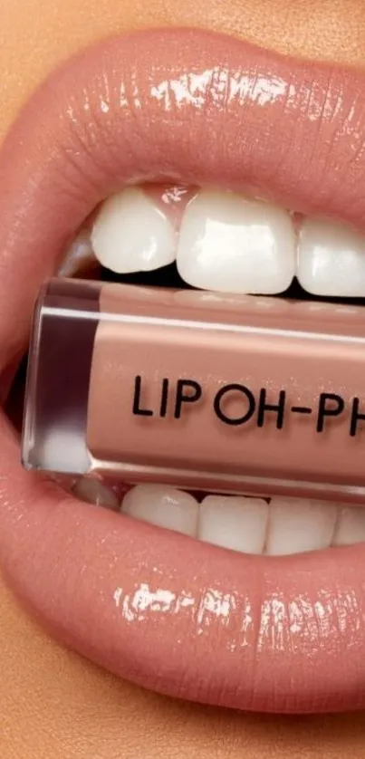 Close-up of glossy lips with a nude gloss tube.