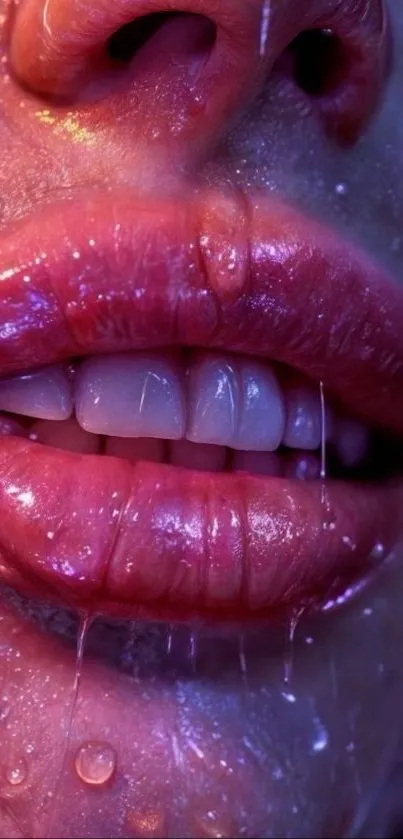 Close-up of glossy, wet lips with a vibrant, artistic sheen.