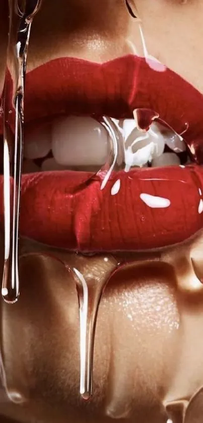 Close-up of vibrant red, glossy lips for mobile wallpaper.