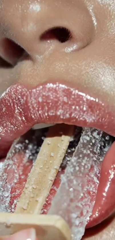 Close-up of glossy lips holding a textured ice pop.
