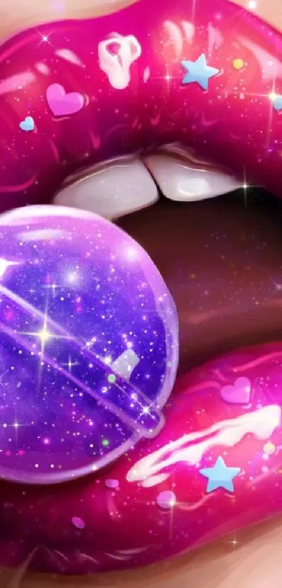 Glossy lips with a purple lollipop, vibrant and artistic mobile wallpaper.