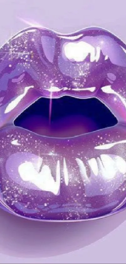 Glossy purple lips with sparkles on a phone wallpaper.