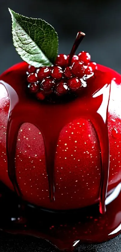 Glossy red apple with leaf and berry topping.