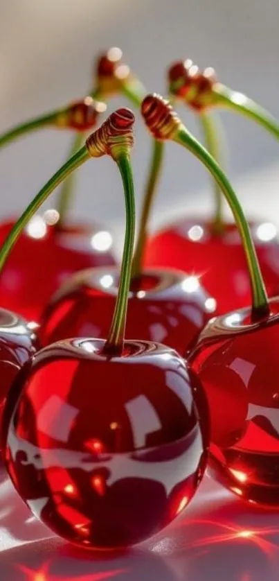 Glossy red cherries with stems in bright light.