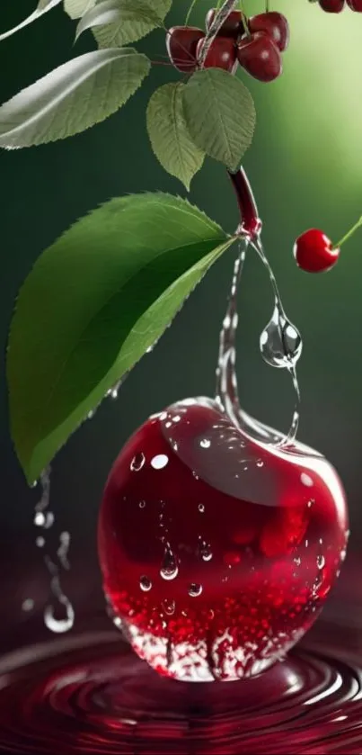 Glossy red cherry with water droplets on a leafy background.