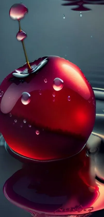 Glossy red cherry with water droplets on a reflective surface.