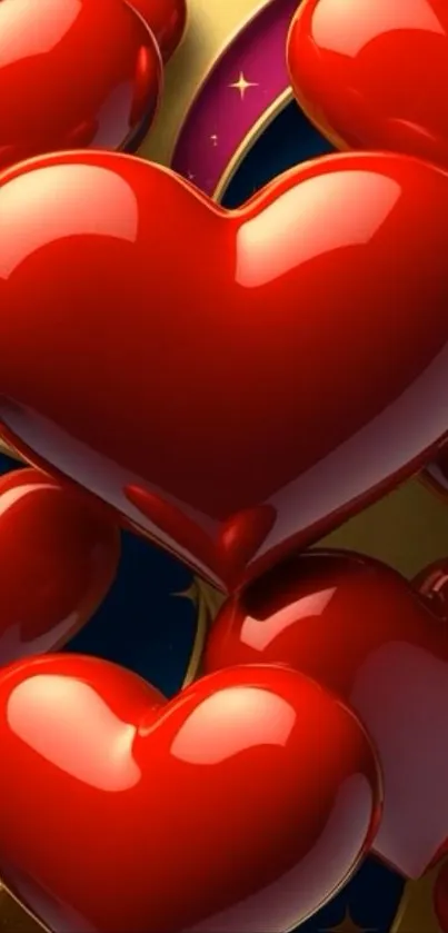 Glossy red hearts on a vibrant background