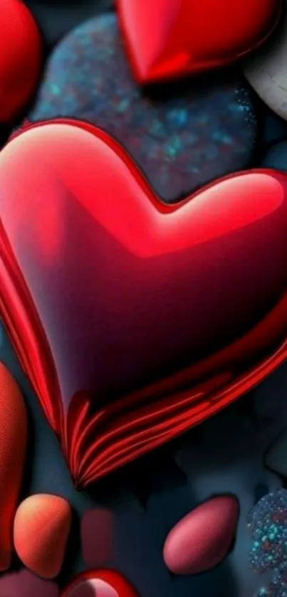 Glossy red heart on dark textured background wallpaper.