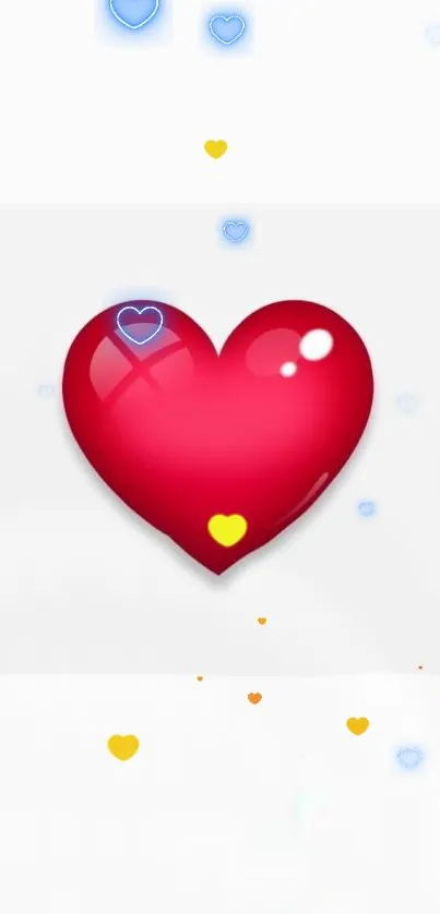 Glossy red heart with colorful floating hearts on a mobile wallpaper.