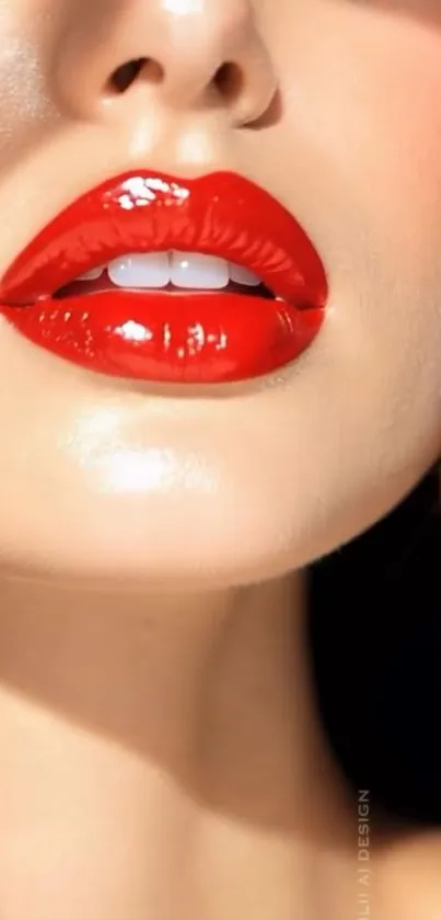Close-up of glossy red lips on mobile wallpaper.