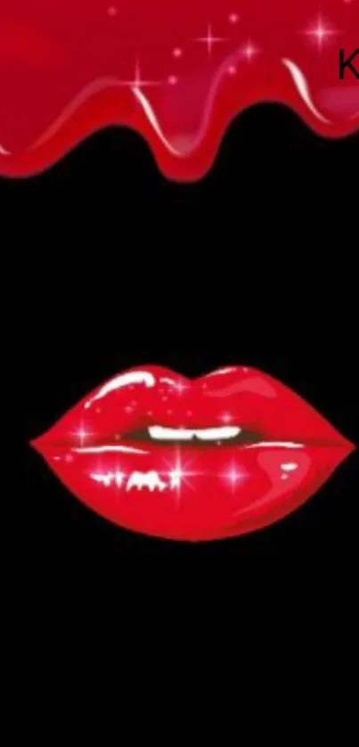 Glossy red lips on black background with dripping paint effect.