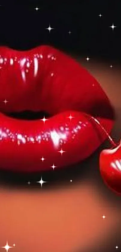 Glossy red lips with a cherry on a dark background mobile wallpaper.