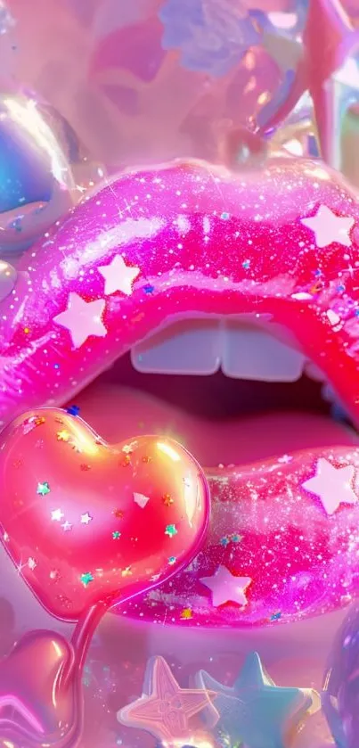 Glossy lips with star decorations on vibrant wallpaper.