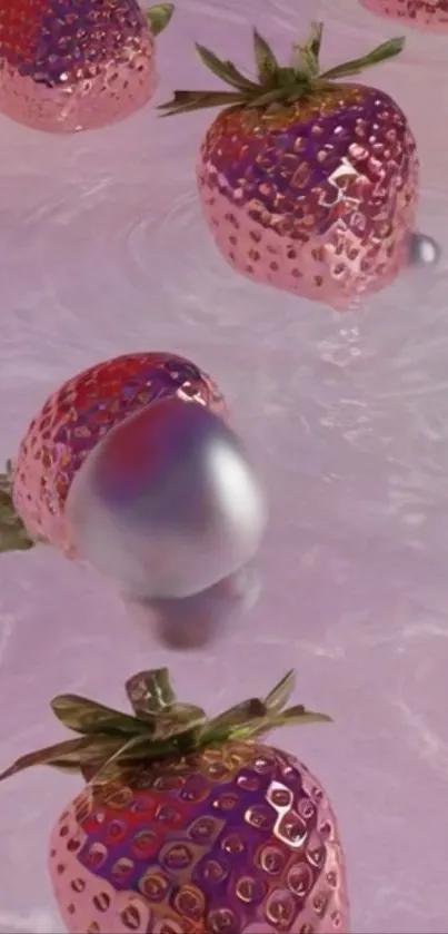 Glossy strawberries floating on pink surface wallpaper.