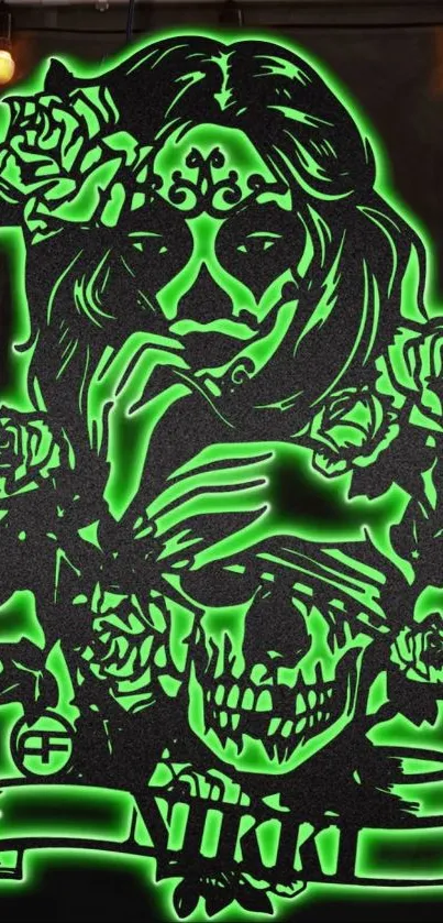 Dark skull wallpaper with neon green glow and floral elements.