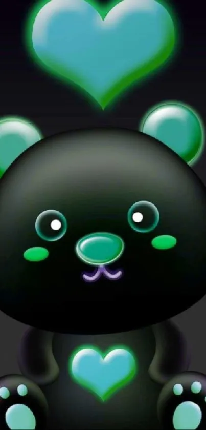 Black bear with glowing green hearts illustration.