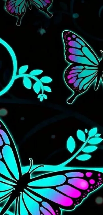 Neon glow butterfly wallpaper with cyan and pink accents on black.