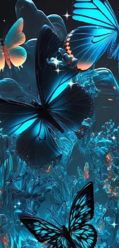 Mesmerizing wallpaper with blue glowing butterflies.