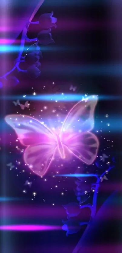 Glowing purple butterfly with sparkles on a dark background.