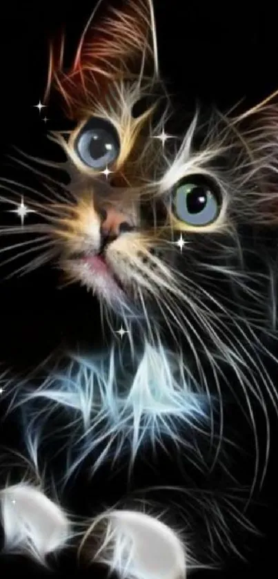 Artistic glowing cat wallpaper with black background.