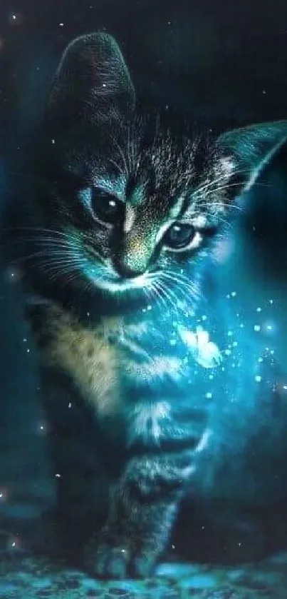 A kitten illuminated by glowing blue light on a dark fantasy background.