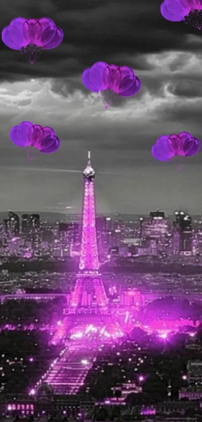 Glowing Eiffel Tower with purple balloons over a Paris night skyline.