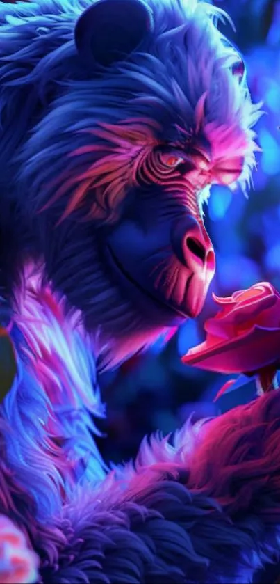 Illuminated gorilla holding rose in neon glow.