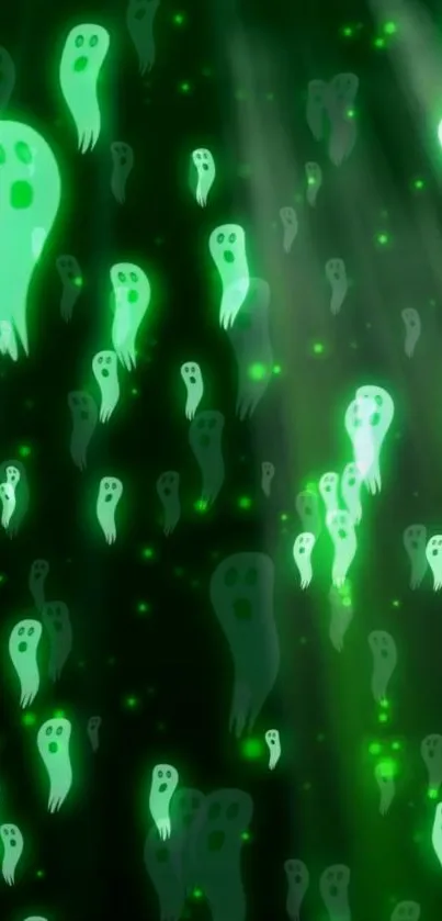 Eerie glowing green ghosts float in a dark atmospheric background.