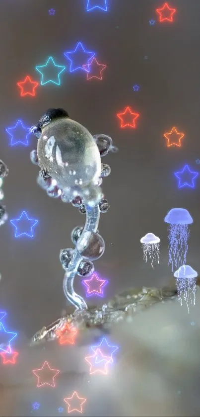 Jellyfish and neon stars glowing on a dark background.
