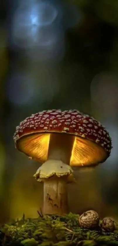 A magical red mushroom glowing in a dark, mystical forest setting.