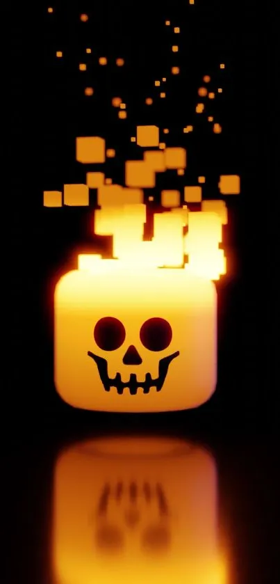 Glowing pixelated skull with orange flames on black.