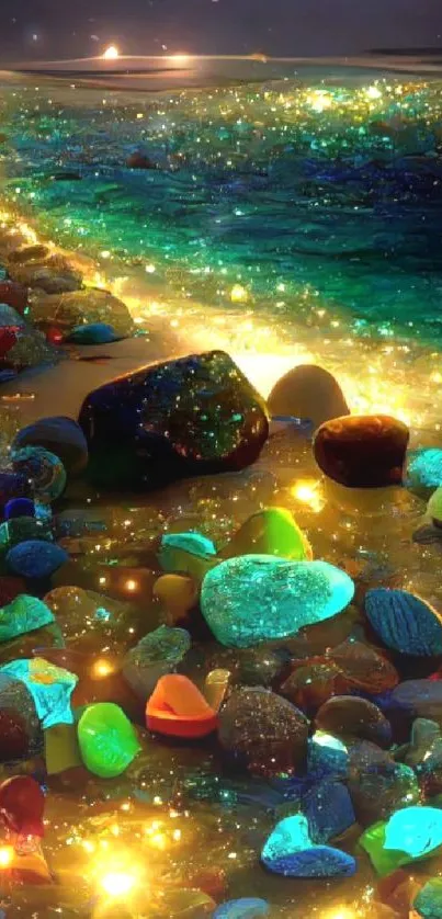 Glowing stones create a luminous path on a serene night beach, perfect for mobile wallpaper.