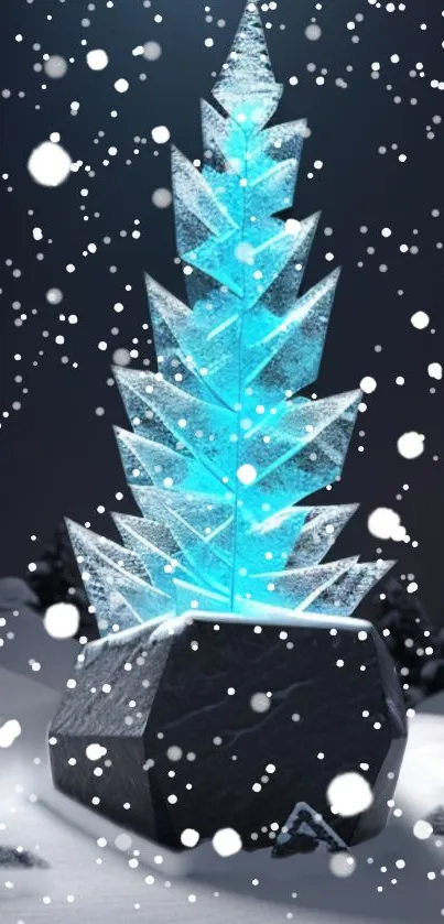 Geometric ice tree glowing in a winter snow scene.