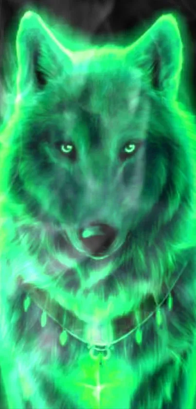 Neon green glowing wolf wallpaper with luminous effect.