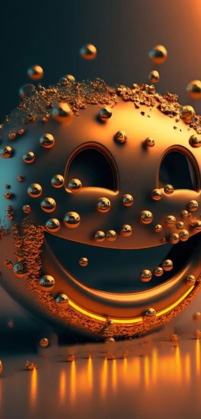 3D smiley face with glowing orange and gold hues, surrounded by bubbles.