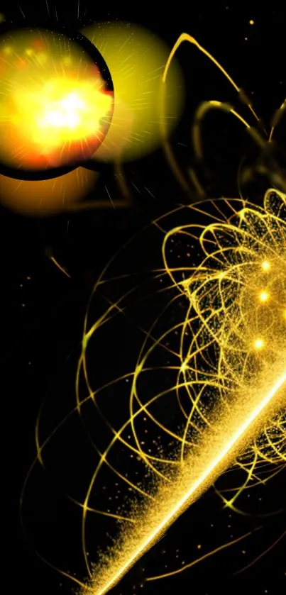 Yellow abstract digital art with glowing patterns on a dark background.