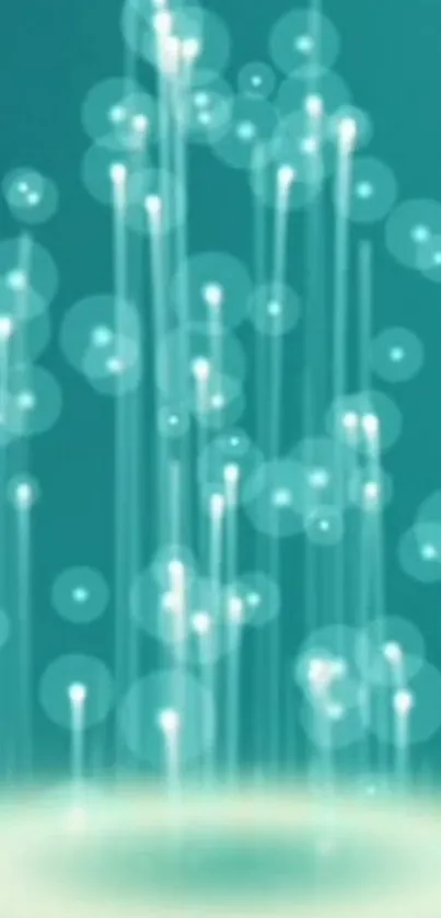 Abstract teal wallpaper with glowing vertical light streaks and bokeh.