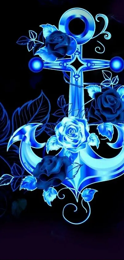 Glowing blue anchor with floral roses design on a dark background.