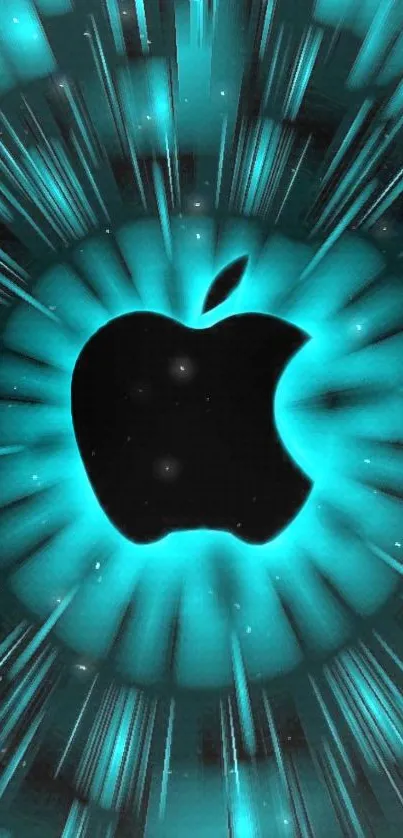 Teal glowing Apple logo on mobile wallpaper.