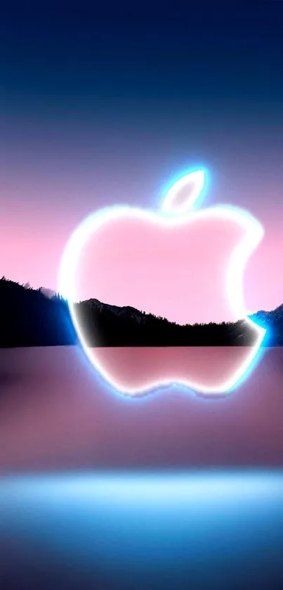 A glowing Apple logo with a pink and blue gradient sky background for mobile wallpaper.