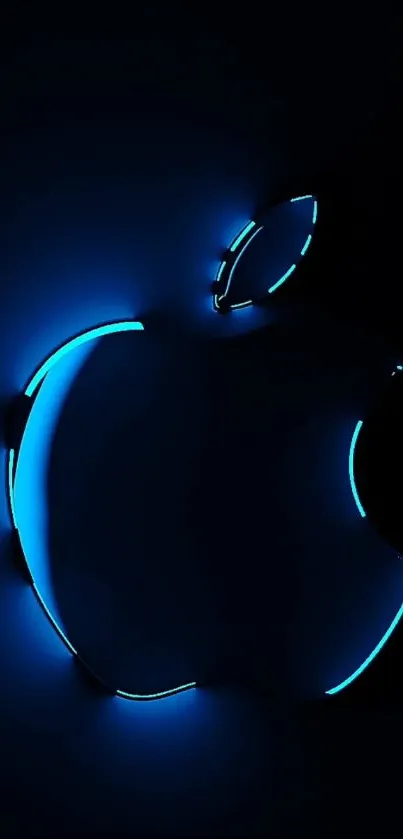 Glowing blue Apple logo on dark background.